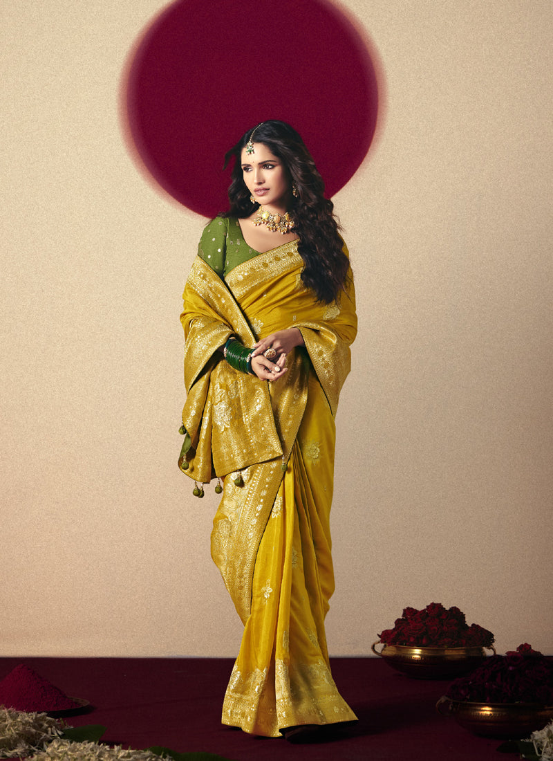 Mustard Bemberg Viscose With Contrast Weaving Work Blouse