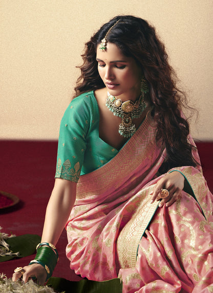 Light Peach Bemberg Viscose With Contrast Weaving Work Blouse