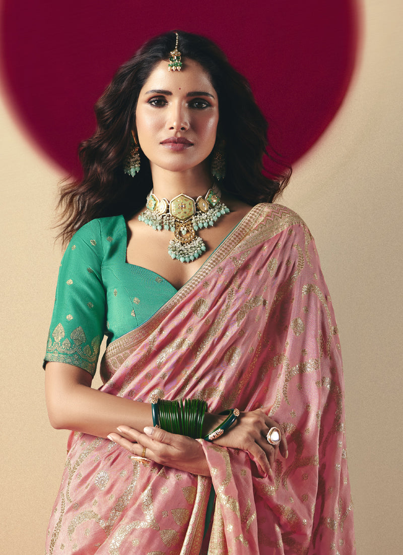 Light Peach Bemberg Viscose With Contrast Weaving Work Blouse