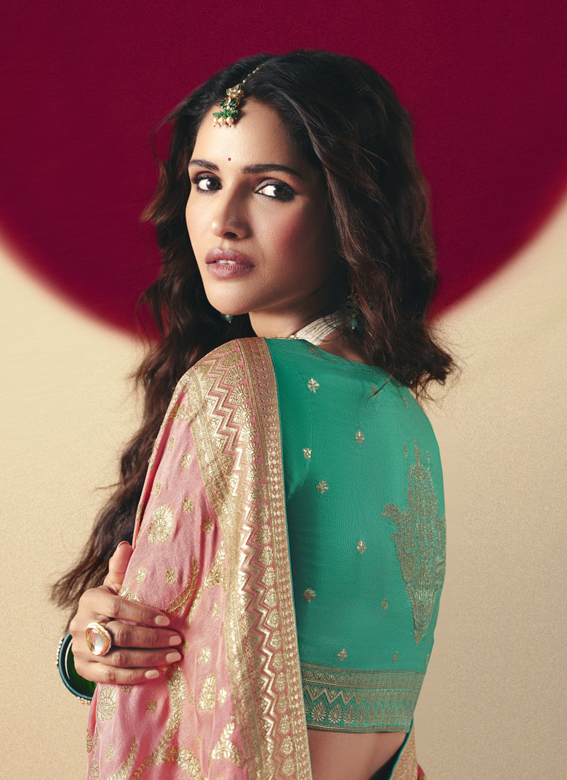 Light Peach Bemberg Viscose With Contrast Weaving Work Blouse