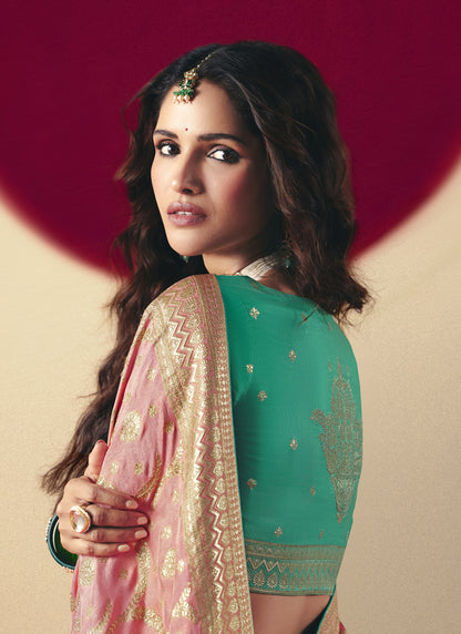 Light Peach Bemberg Viscose With Contrast Weaving Work Blouse