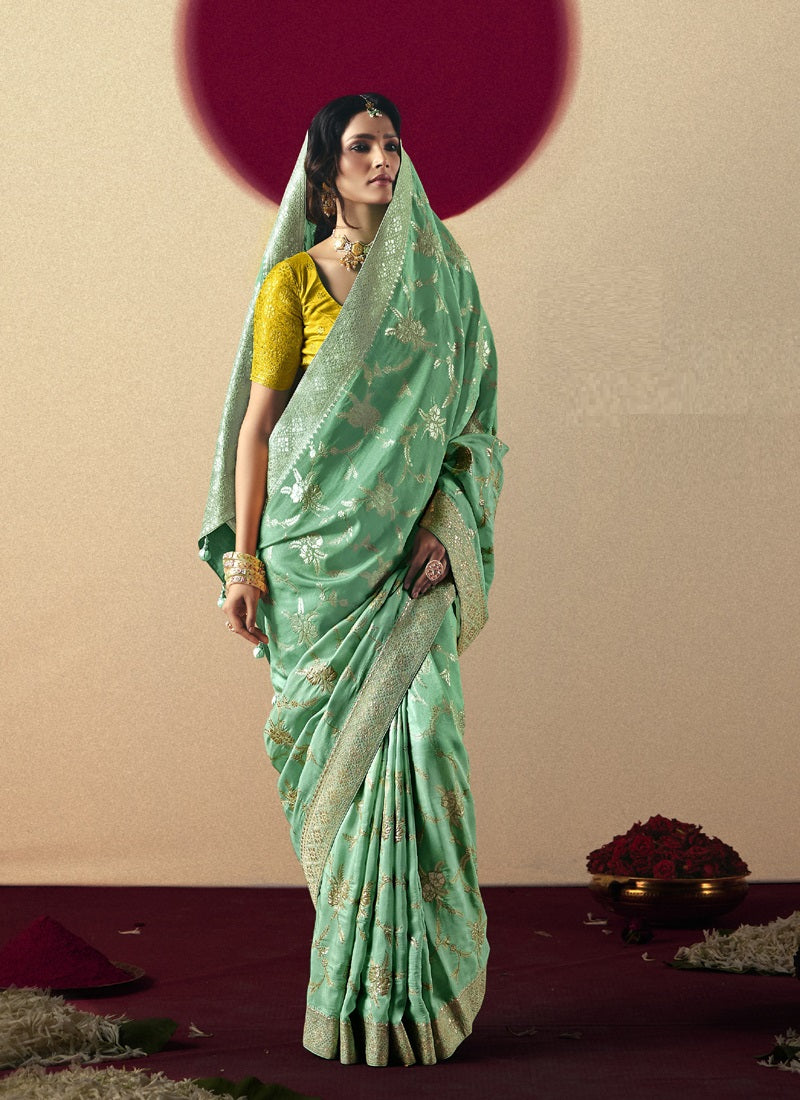 Turquoise Bemberg Viscose With Contrast Weaving Work Blouse