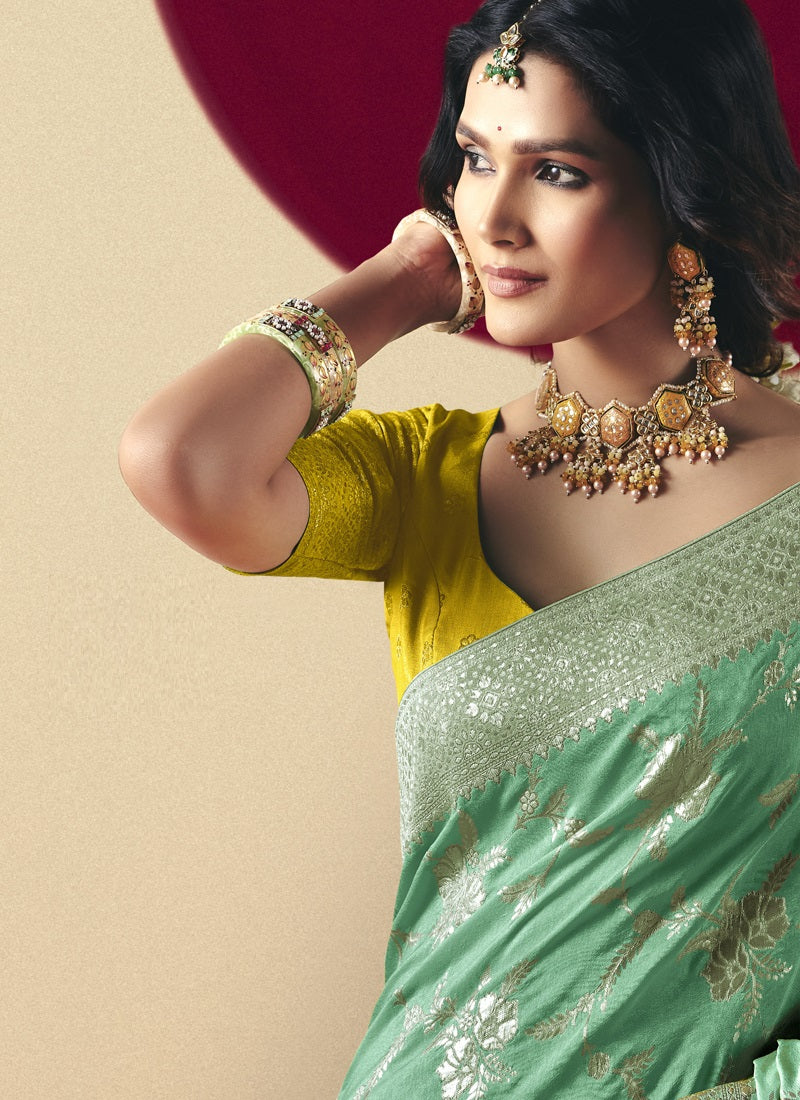 Turquoise Bemberg Viscose With Contrast Weaving Work Blouse