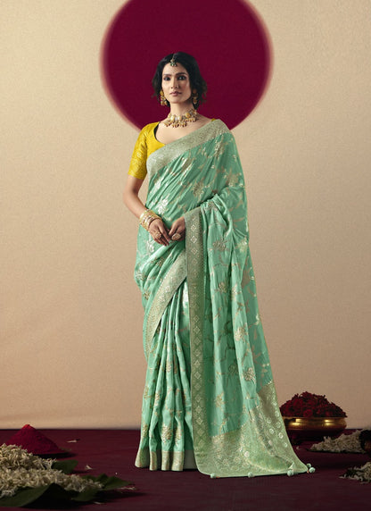 Turquoise Bemberg Viscose With Contrast Weaving Work Blouse