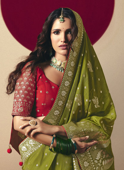 Mehndi Bemberg Viscose With Contrast Weaving Work Blouse