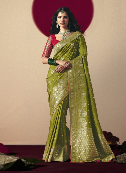 Mehndi Bemberg Viscose With Contrast Weaving Work Blouse