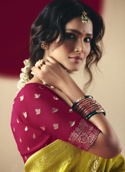 Lemon Bemberg Viscose With Contrast Weaving Work Blouse