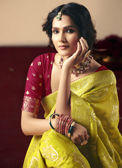 Lemon Bemberg Viscose With Contrast Weaving Work Blouse