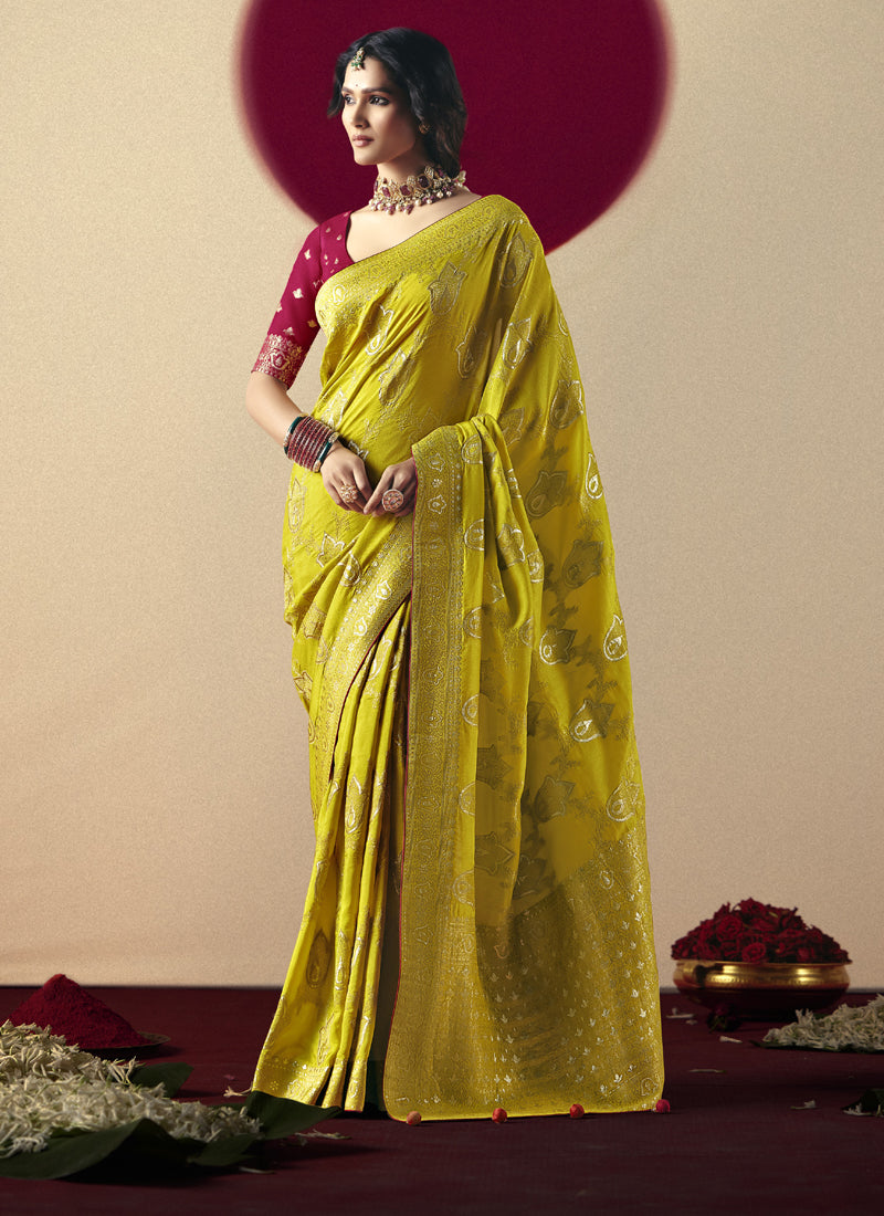 Lemon Bemberg Viscose With Contrast Weaving Work Blouse