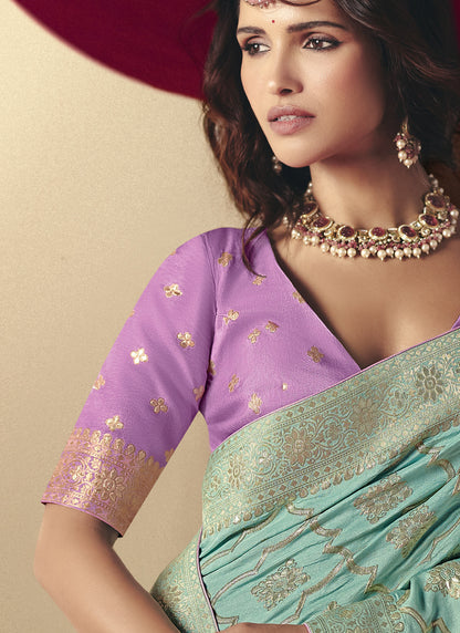 Sky Blue Bemberg Viscose With Contrast Weaving Work Blouse