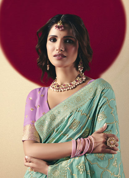 Sky Blue Bemberg Viscose With Contrast Weaving Work Blouse