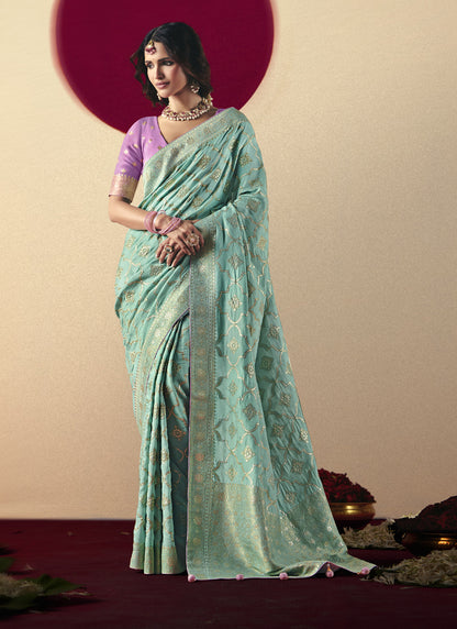 Sky Blue Bemberg Viscose With Contrast Weaving Work Blouse