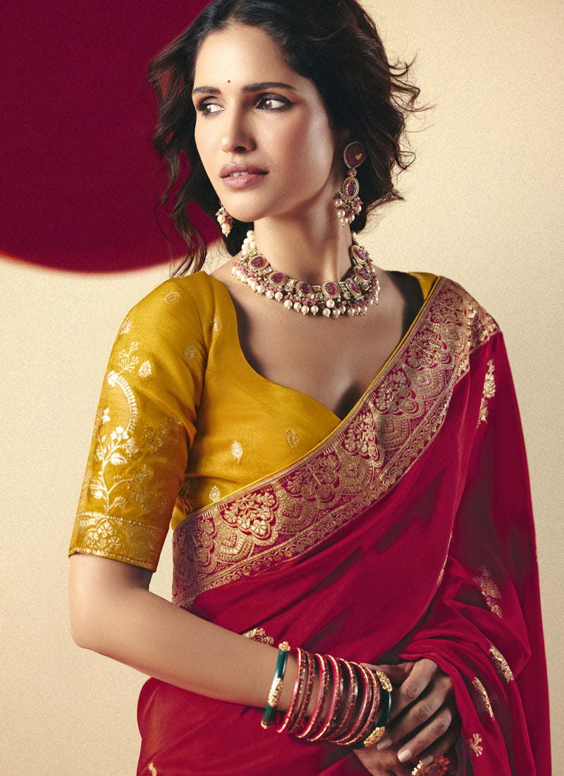 Red Bemberg Viscose with Designer Weaving Work Blouse