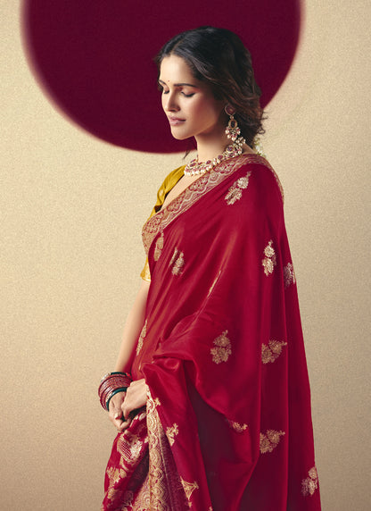 Red Bemberg Viscose with Designer Weaving Work Blouse