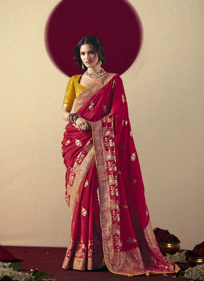 Red Bemberg Viscose with Designer Weaving Work Blouse