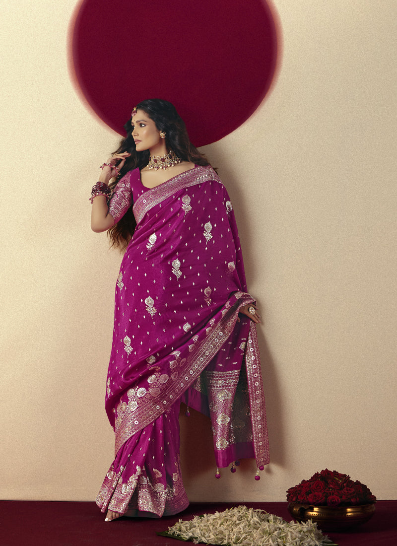 Magenta Bemberg Viscose With Weaving Work Blouse