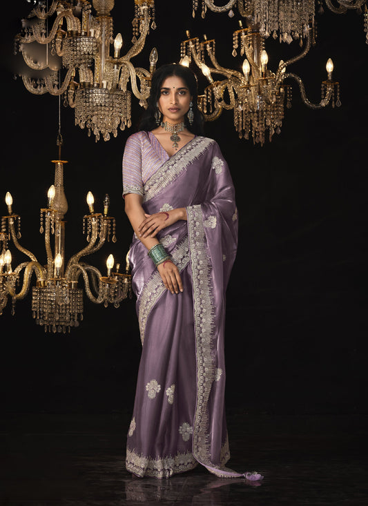 Lavender Tissue Silk Brocade Blouse Designer Saree