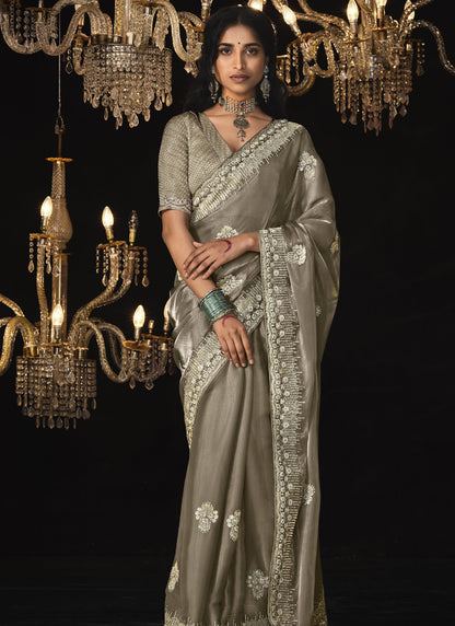 Beige Tissue Silk With Blouse Designer Saree