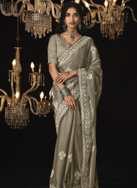 Beige Tissue Silk With Blouse Designer Saree