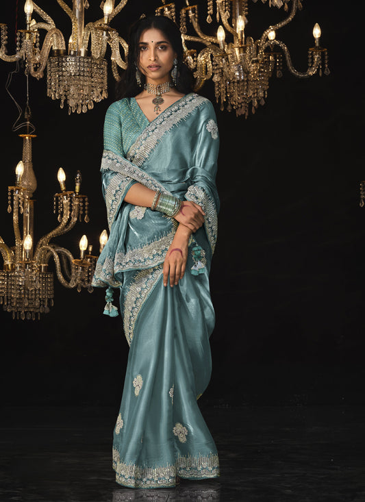Light Sky Blue Tissue Silk Brocade Blouse Designer Saree