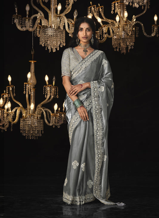 Slate Gray Tissue Silk Blouse Designer Saree