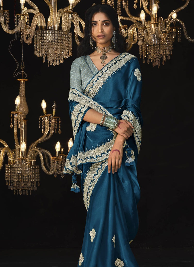 Peacock Blue Tissue Blouse Designer Saree