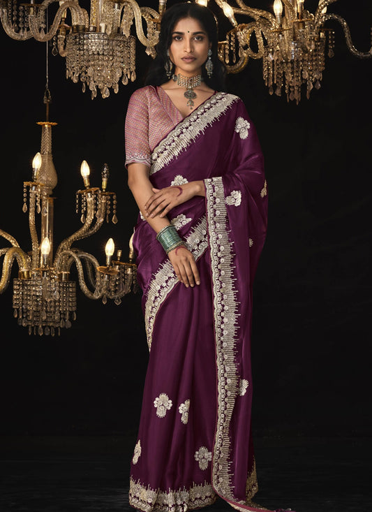 Wine Tissue Silk  With Blouse Designer Saree