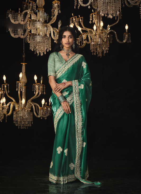 Green Tissue Silk  With Sequence Blouse Designer Saree