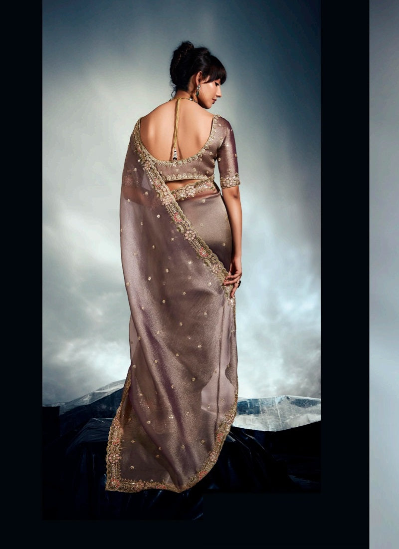 Beige Tissue Glass Heavy Heavy Designer Blouse Party Wear Saree