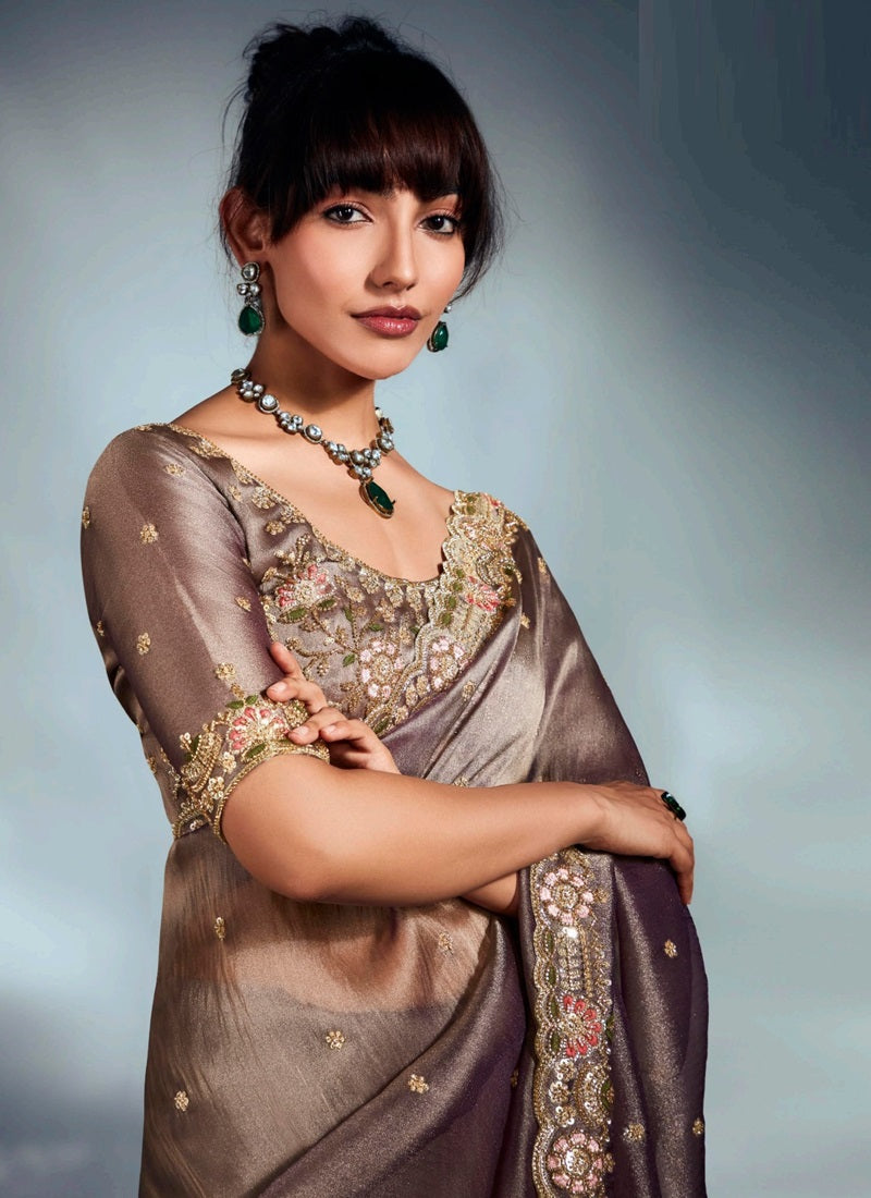 Beige Tissue Glass Heavy Heavy Designer Blouse Party Wear Saree