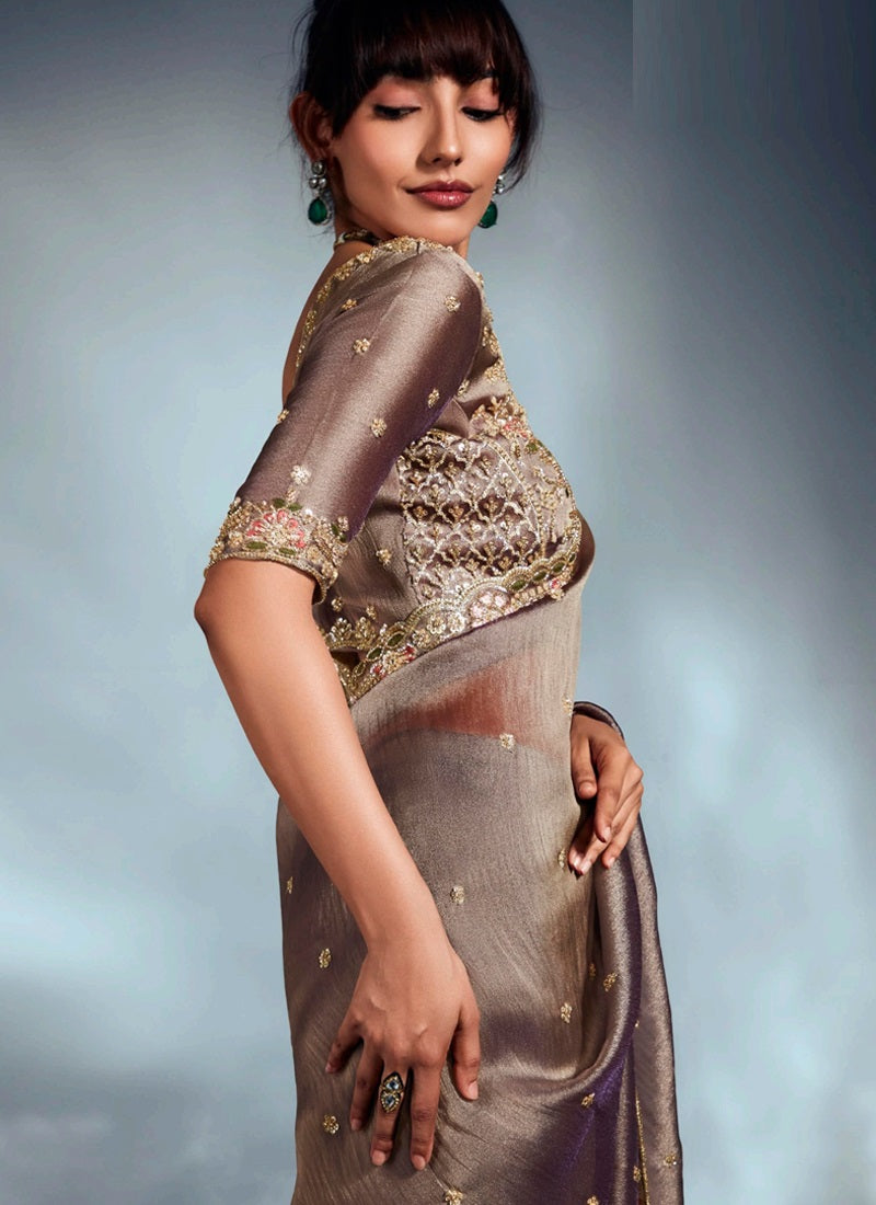 Beige Tissue Glass Heavy Heavy Designer Blouse Party Wear Saree