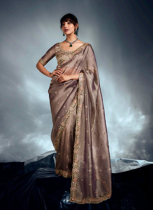 Beige Tissue Glass Heavy Heavy Designer Blouse Party Wear Saree