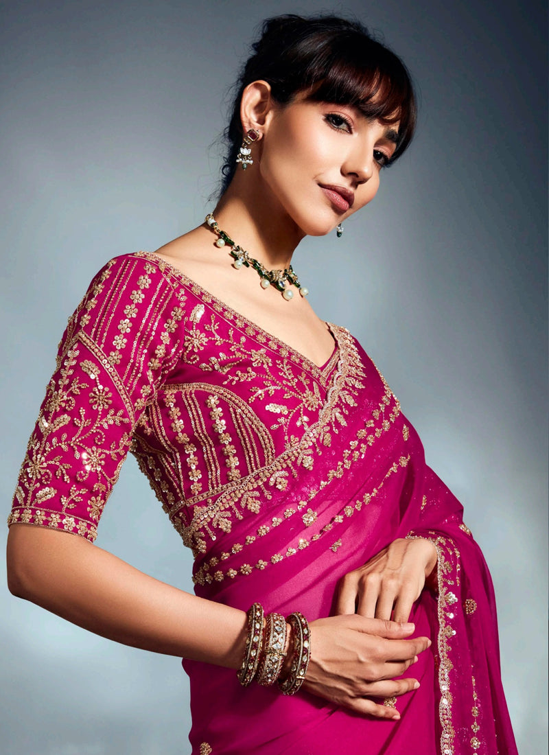 Rani Pink Glass Tissue Heavy Designer Blouse Party Wear Saree