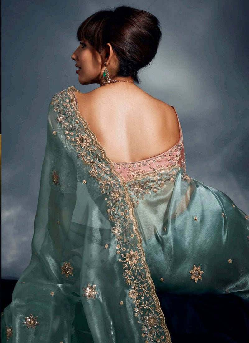 Sky Blue Glass Tissue Heavy Designer Blouse Party Wear Saree
