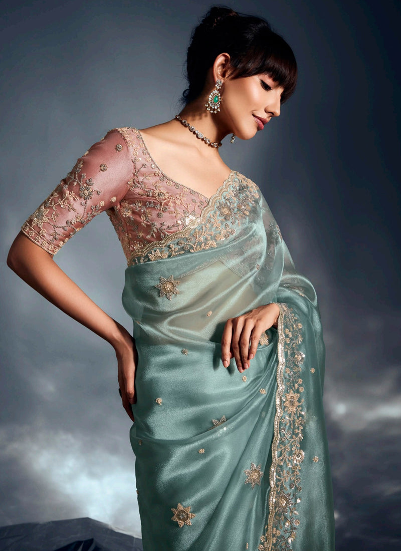 Sky Blue Glass Tissue Heavy Designer Blouse Party Wear Saree