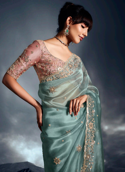 Sky Blue Glass Tissue Heavy Designer Blouse Party Wear Saree