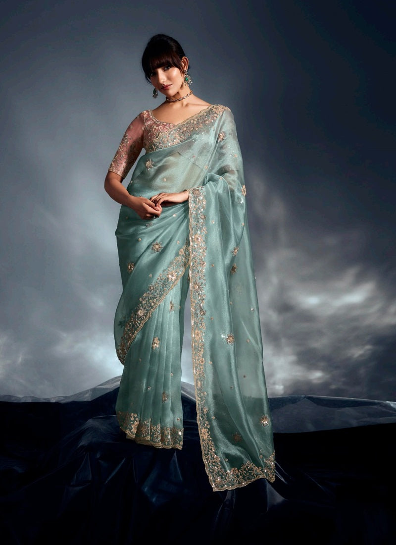 Sky Blue Glass Tissue Heavy Designer Blouse Party Wear Saree