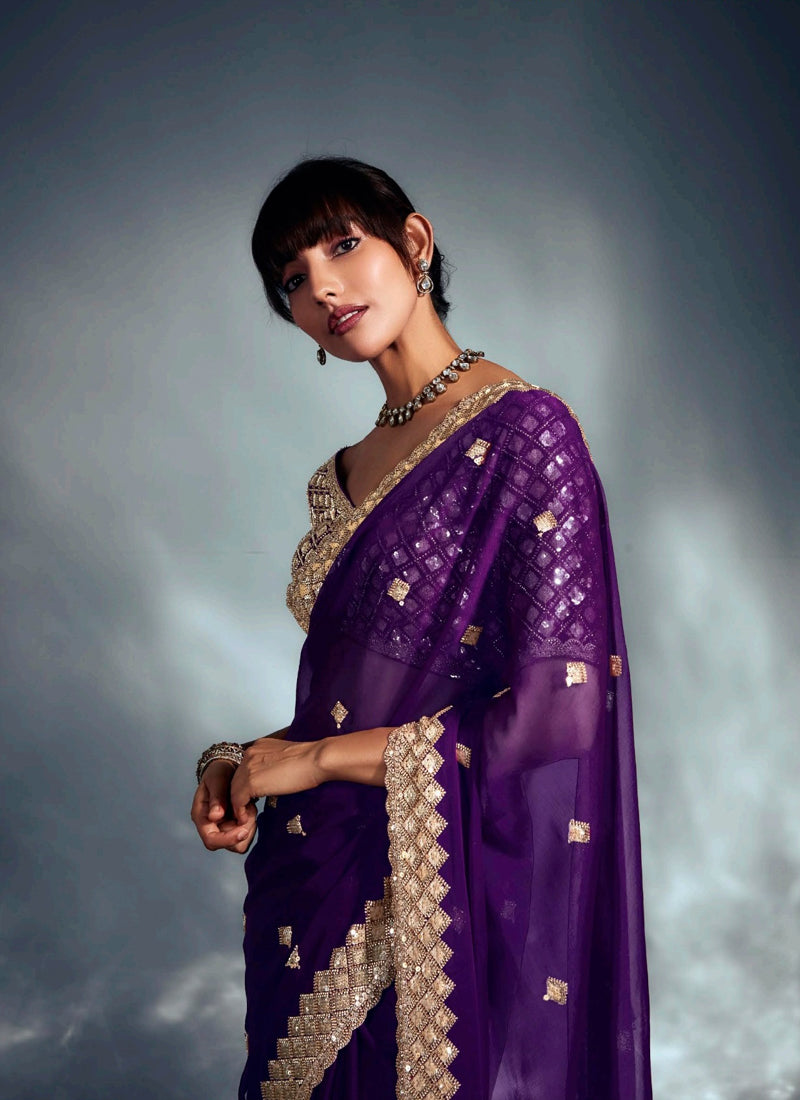 Purple Glass Tissue With Heavy Designer Blouse Party Wear Saree