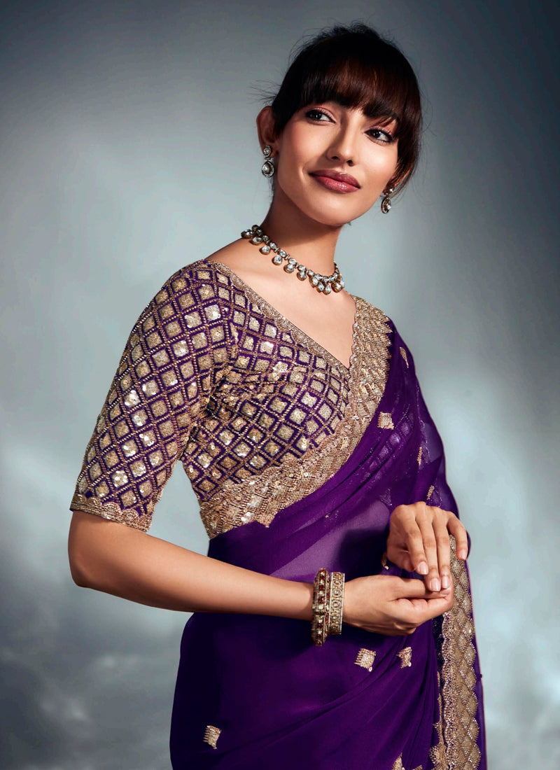 Purple Glass Tissue With Heavy Designer Blouse Party Wear Saree