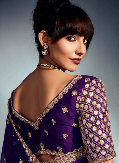 Purple Glass Tissue With Heavy Designer Blouse Party Wear Saree