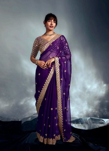 Purple Glass Tissue With Heavy Designer Blouse Party Wear Saree
