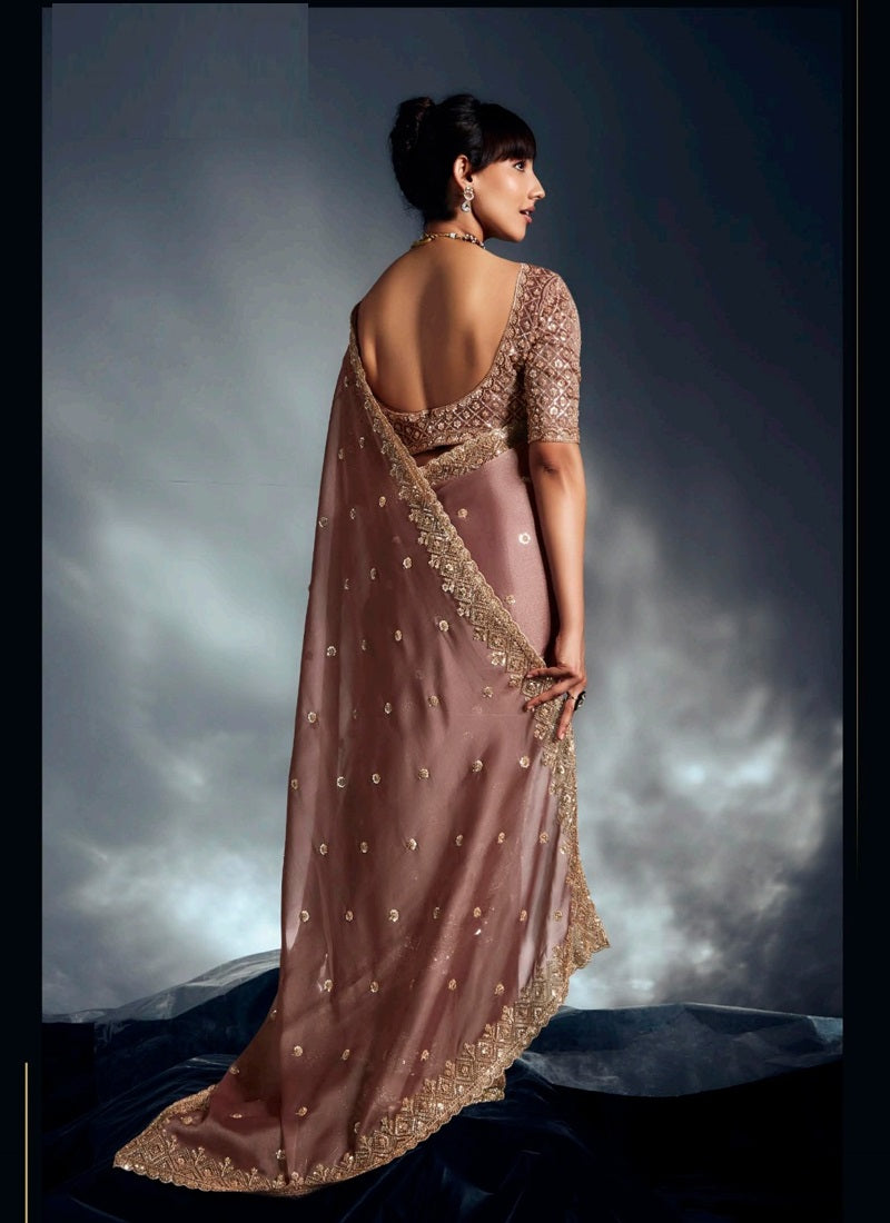 Beige Tissue Glass Heavy Sequence Heavy Designer Blouse Party Wear Saree