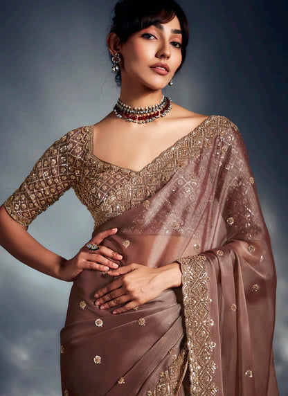 Beige Tissue Glass Heavy Sequence Heavy Designer Blouse Party Wear Saree