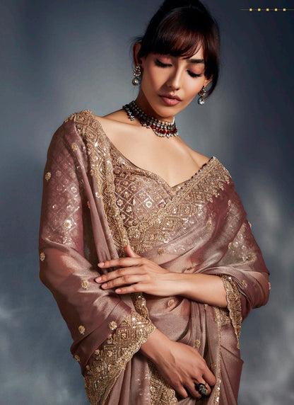 Beige Tissue Glass Heavy Sequence Heavy Designer Blouse Party Wear Saree