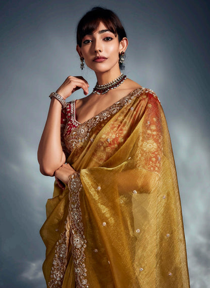 Mustard Tissue Glass Heavy Designer Blouse Party Wear Saree