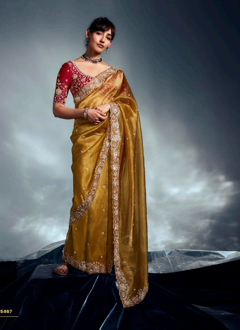 Mustard Tissue Glass Heavy Designer Blouse Party Wear Saree