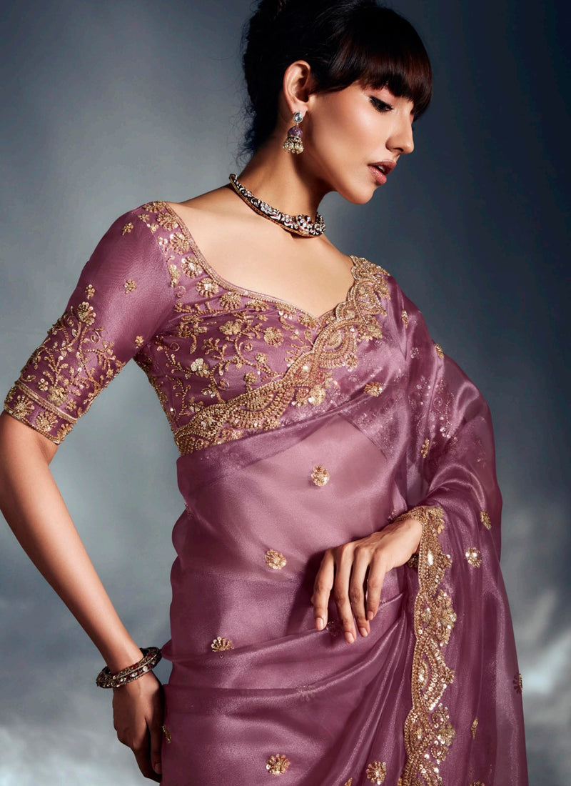 Onion Pink Tissue Glass With Heavy Designer Blouse Party Wear Saree