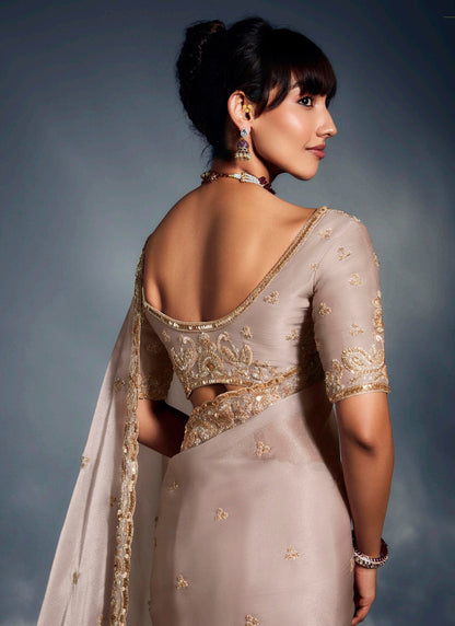 Off-White Tissue Glass With Heavy Designer Blouse Party Wear Saree