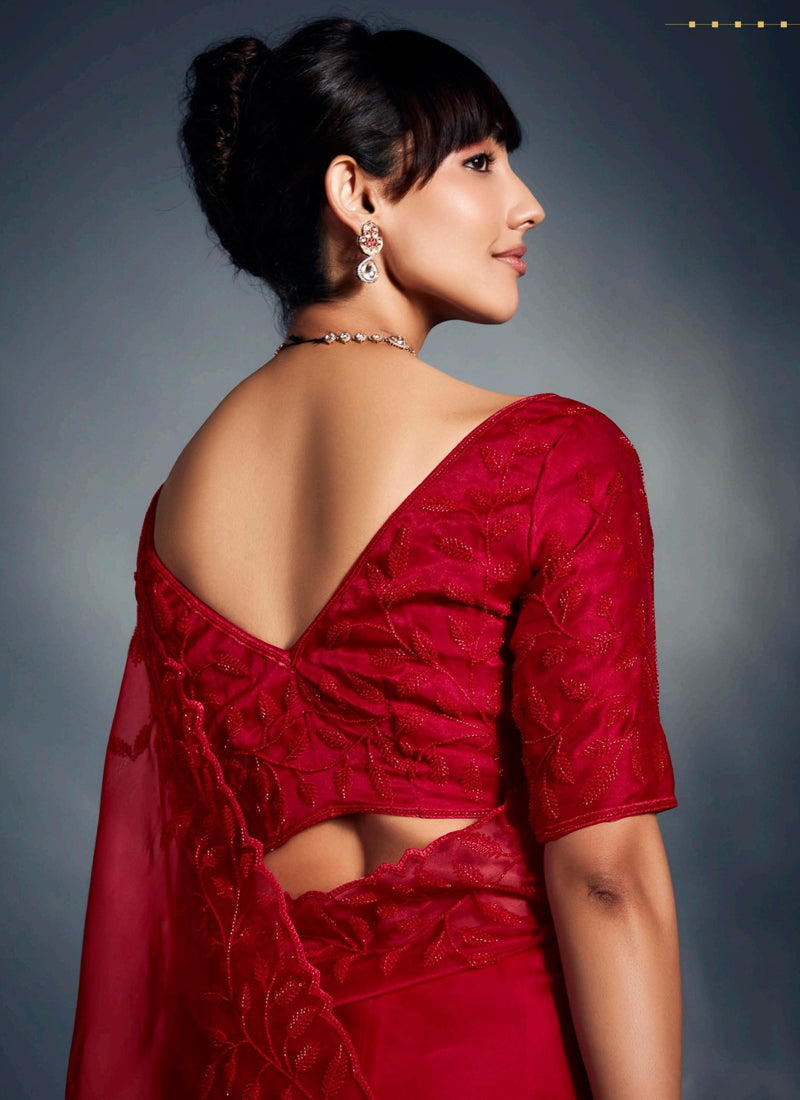 Red Tissue Glass With Heavy Designer Blouse Party Wear Saree