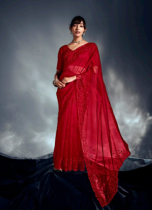 Red Tissue Glass With Heavy Designer Blouse Party Wear Saree
